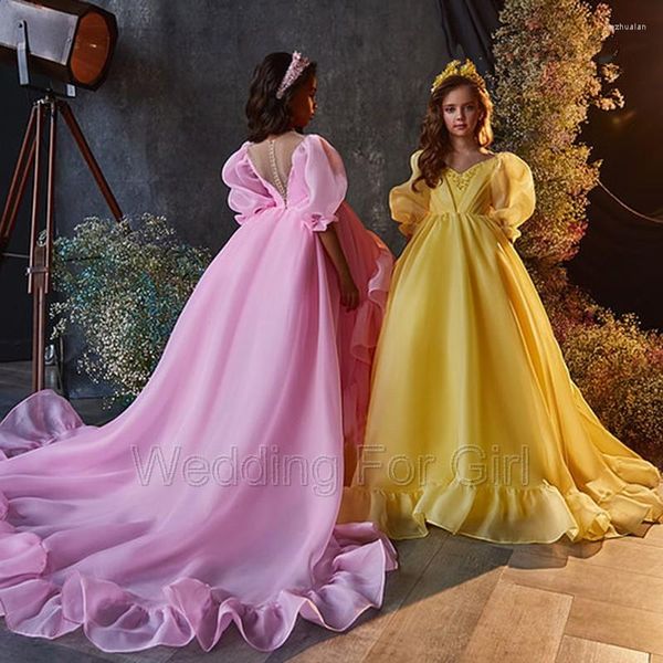 Vestidos de niña hinchados de Organza, flores altas y bajas con tren, vestidos de fiesta para bebé, vestido de princesa con capas, faldas bonitas de primera comunión