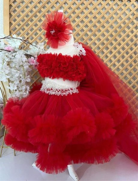 Robes bouffantes rouges pour filles, tenue Tutu à fleurs pour bébé, tenue de baptême, cadeau d'anniversaire et de noël pour enfants, 12M 18M 24M, avec nœud de tête