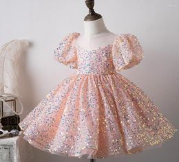 Vestidos de niña, vestido de flores brillante y hinchado, vestido de fiesta de boda de manga corta de primera comunión de princesa bonita