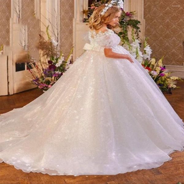 Robes de fille Pure White Tulle Dentelle Impression Robe de fleur Princesse Ball Beauty Pageant Première Communion Enfants Surprise Cadeau d'anniversaire