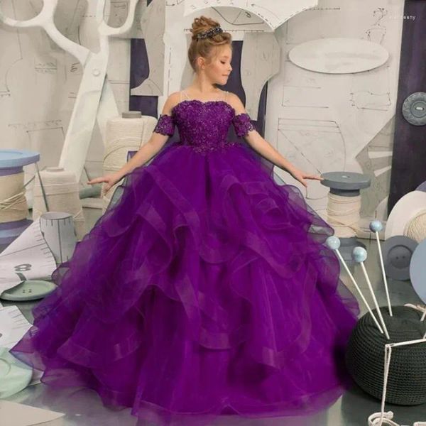 Vestidos de niña, vestido de fiesta morado, apliques de flores para niñas, tirantes con cuentas, cuello sin espalda, vestido de primera comunión, desfile