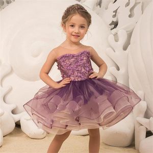 Robes de fille robe de fleur violette pour mariage Tulle Applique sans manches longueur au genou enfant fête d'anniversaire princesse première robe de bal de communion