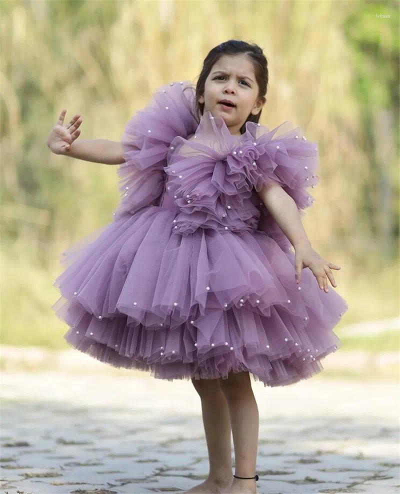 Girl Dresses Purple Flower Princess Puffy Tulle Layered Birthday Party Dress For Wedding With Pearls Ball Gown Pgeant Wear