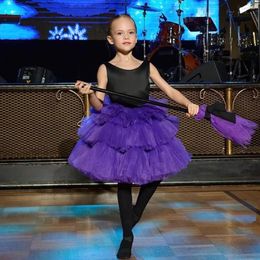 Robes à fleurs bouffantes violettes pour filles, en Tulle, col rond, ligne a, robe de soirée de mariage pour enfants, longueur aux genoux, robes de princesse mignonnes à plusieurs niveaux, 2023