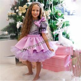 Vestidos de niña de satén púrpura, vestidos hinchados de tul para fiesta de cumpleaños de bebé, vestido de flores de manga corta con lazo grande, vestido de princesa para año de Navidad