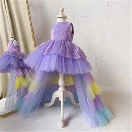 Meisjesjurken met paarse pailletten en overlay bloemenjurk O-hals gelaagde tule Kleine prinses Hi Low Style feestjurk Verjaardag