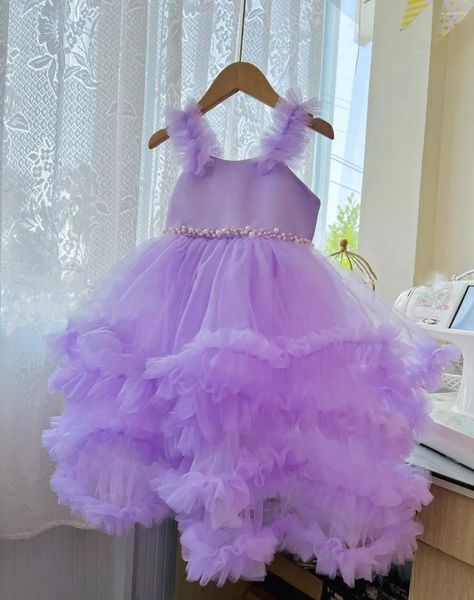 Robes de fille violet bretelles volants robe à fleurs Tulle gonflé perle ceinture sans manches pour mariage enfant anniversaire sainte Communion