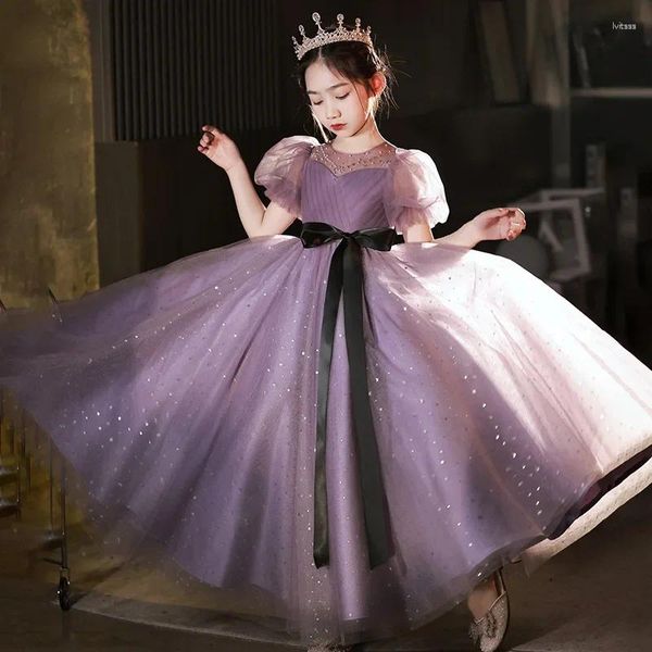 Robes de fille violet Tulle perles fleur pour mariage à la mode robe de concours dentelle Appliques sainte Communion bal