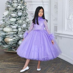 Fille Robes Violet Tulle Plume Fleur Paillettes Top Gland À Manches Longues Robe De Noël Pography