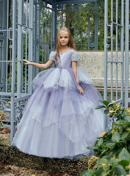 Robes de fille Violet Tulle Puffy Perles Applique Robe De Fleur Pour Le Mariage Magnifique Enfant Demoiselle D'honneur Célébration D'anniversaire Eucharistie