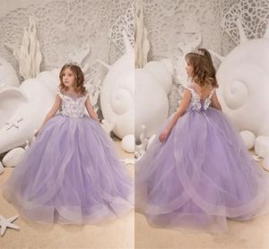 Robes de fille en Tulle violet, dentelle bouffante, sans manches, avec des appliques de fleurs, pour mariage, fête d'anniversaire eucharistique élégante pour enfants