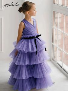 Vestidos De niña púrpura con cuello en V flor 2023 vestido De baile plisado con lazo De tul para niños vestido De fiesta De cumpleaños Vestidos De Novia