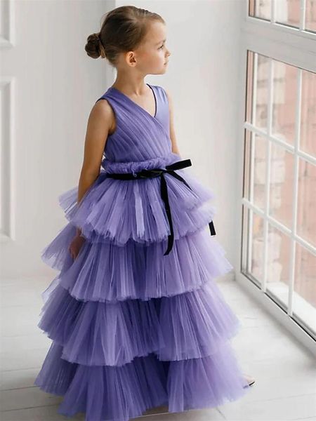 Robes de fille violet col en V Tulle à plusieurs niveaux robe de fleur gonflée pour mariage princesse enfants Pageant fête sans manches robes de première communion