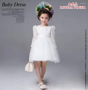 Vestidos de niña, vestido de boda de calidad para bebé, Top de otoño, gasa blanca para niña, lazo grande de encaje elegante de 2 a 11 años 2024