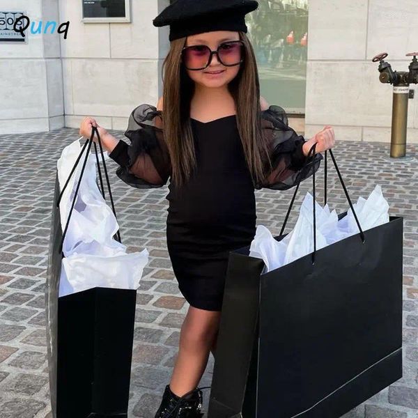 Robes de fille Qunq 2024 Filles d'été solide col en V à manches longues maille épissage rue mode mince robe de hanche décontracté enfants vêtements âge 3T-8T