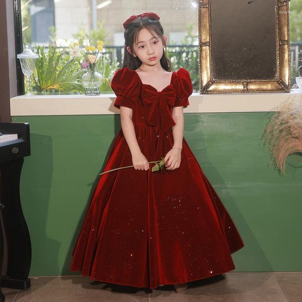 Vestidos de niña, vestido rojo de flores para niñas, cuello cuadrado, manga corta/larga, lazo, terciopelo, vestido de fiesta de boda, sencillo, elegante, graduación para niños