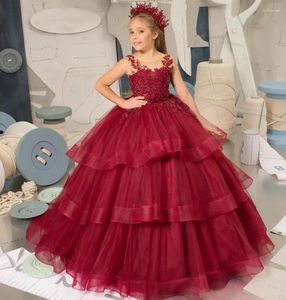 Robes de fille rouge dentelle Tulle robe à fleurs perles enfants première Communion princesse robe de bal fête de mariage 2-16 ans