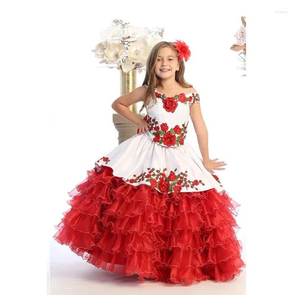 Robes de fille rouge Mini Quinceanera robe de bal Organza à plusieurs niveaux Appliques fleur pour les mariages mexicain Pageant bébé