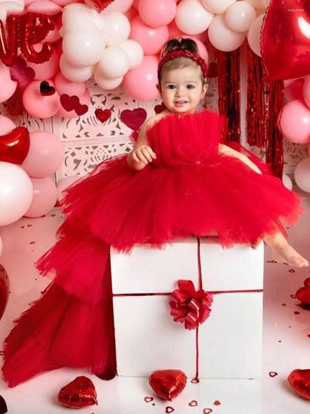 Vestidos de niña Vestido de princesa roja Cumpleaños Vestido de primera comunión Puffy Cute Flower Baby Party