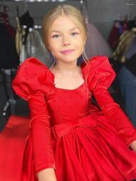 Robes de fille rouge princesse robe à fleurs pour mariage bouffant Satin manches longues arc enfants anniversaire fête de noël robes de concours