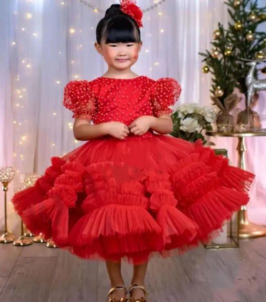 Robe rouge bouffante à fleurs pour filles, manches lanternes, robe de fête d'anniversaire pour enfants, princesse, défilé de mode, première Communion