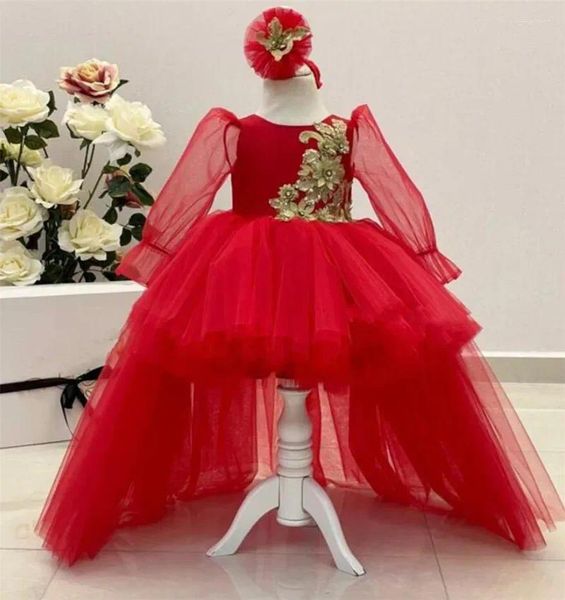 Robes de fille robe en tulle rouge à la main bébé anniversaire princesse fleur longue robe de bal gonflée