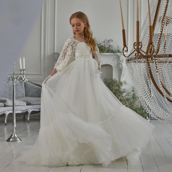 Robe de mariée longue en dentelle pour filles, tenue de princesse trois quarts à fleurs, avec boutons au dos, en Tulle, 2024