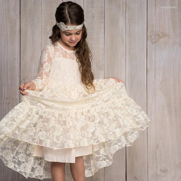 Robes de fille romantique enfants filles à manches longues robe en dentelle fleur mariage Rose motif Hallow Out droite plage Vestido vêtements