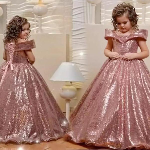 Vestidos de niña Lentejuelas de oro rosa Princesa Niñas de las flores Una línea Fuera del hombro Hasta el suelo Concurso Cumpleaños Navidad