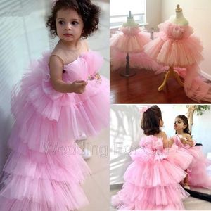Meisjesjurken Rose Pink Tiered Tule Puffy Princess Birthday Dress Hi-Lo Flower Knie-Length Baby First Communion Wedding Ghowns