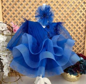 Robes de fille Robe bleu royal Robe gonflée Organza V Neck Princess Birthday Party Robe Première Célébration Occasion