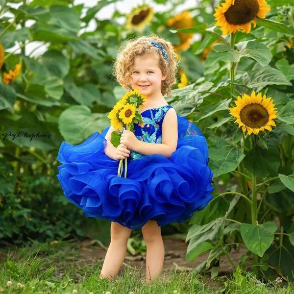 Vestidos de niña flor azul real hasta la rodilla princesa niños niñas primer vestido de cumpleaños para fiesta de boda