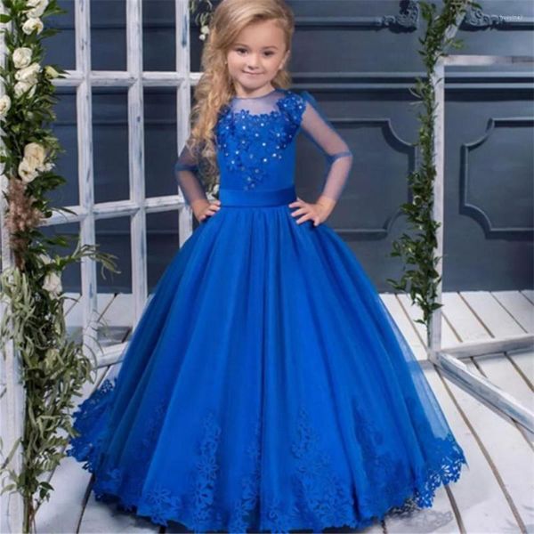 Vestidos de niña con flores azules reales, Apliques de encaje de manga larga para princesa, vestido de baile para niños, fiesta de primera comunión y cumpleaños