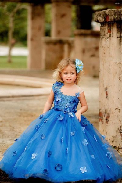 Robes de fille bleu royal petite fleur filles à manches courtes princesse enfants première communion robe étage longueur enfant en bas âge robe de baptême