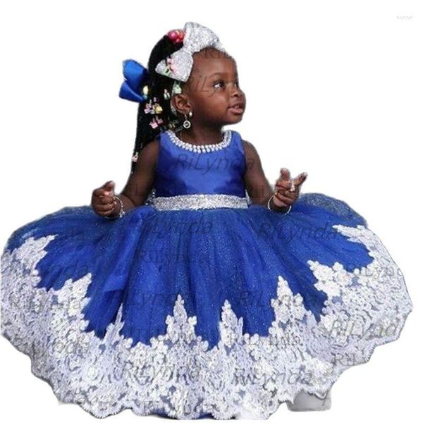 Vestidos de chicas Royal Blue Princess Flower Crystals Un hombro Organza con volantes Long Girls Fiest Farty Gowns