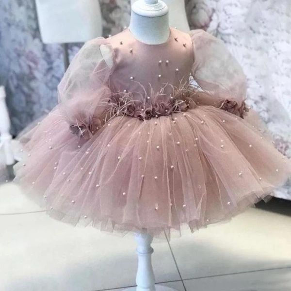 Vestidos de niña Vestido de flores hinchadas de satén para boda Perlas de tul rosa con plumas Bebé Niño Primera comunión Fiesta de cumpleaños Vestido de fiesta de graduación