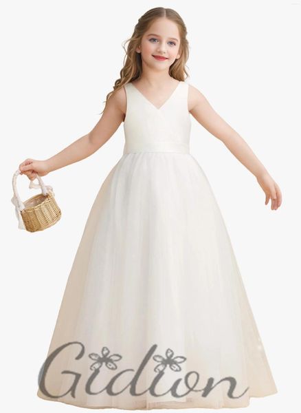 Robes de fille Satin/Tulle Enfants Soirée D'anniversaire Robe De Demoiselle D'honneur Junior Mariage Première Communion Robe De Bal/Princesse Fleur