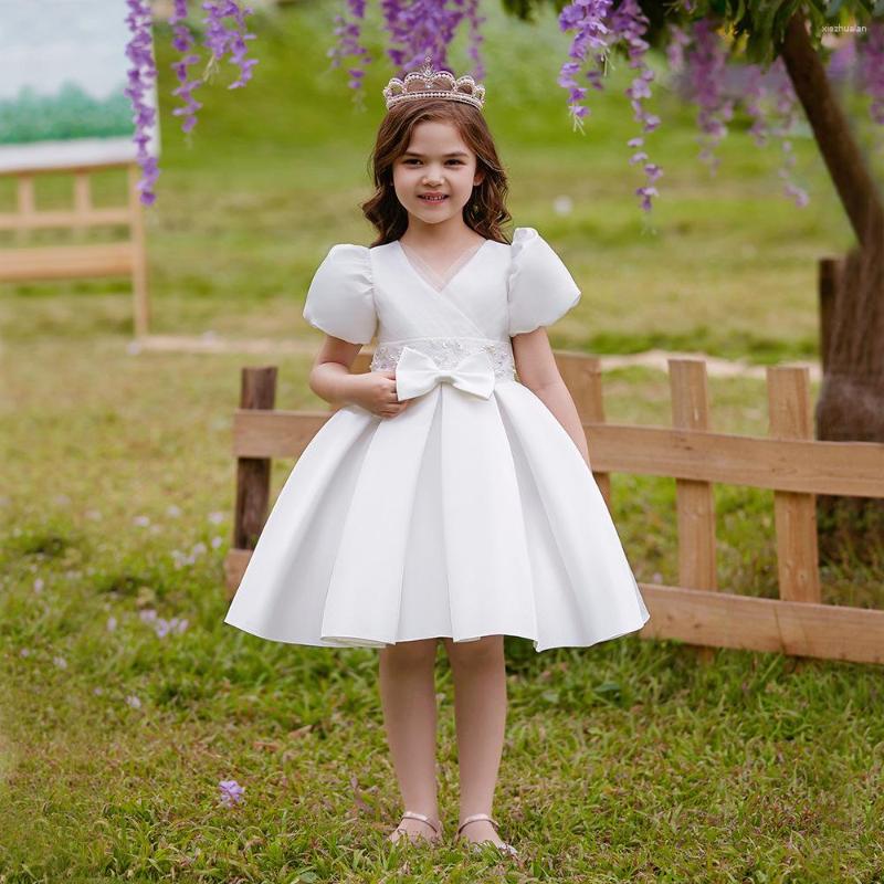 Vestidos de niña Scoop Mangas cortas Cinturón de encaje Fiesta de bodas Niños Vestido de fiesta elegante Satén Ropa para niños