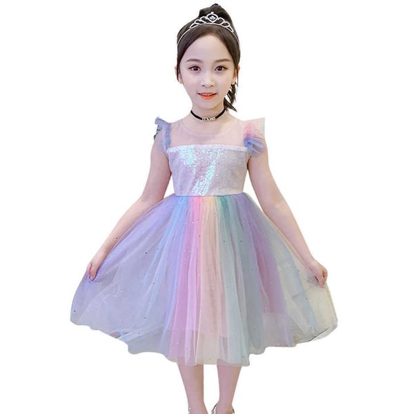 Robes de fille Paillettes Rainbow Couleur Princesse pour enfants Costumes en maille S 6 8 10 12 14 210528