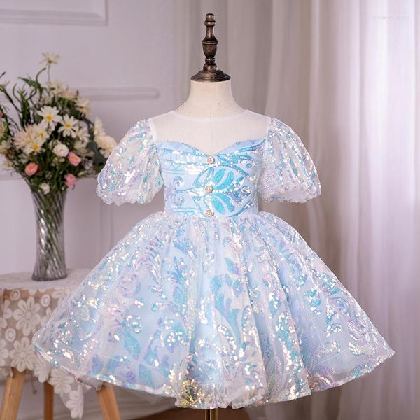 Robes de fille robe de bal à paillettes fleur col rond manches bouffantes arc robes d'anniversaire tempérament élégant Junior demoiselle d'honneur