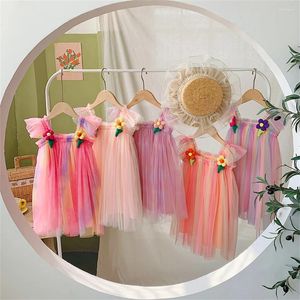 Vestidos de niña, vestido camisola de malla transparente Sexy para niñas, falda de princesa con tutú de arcoíris y vestido de baile de flores, ropa hinchada