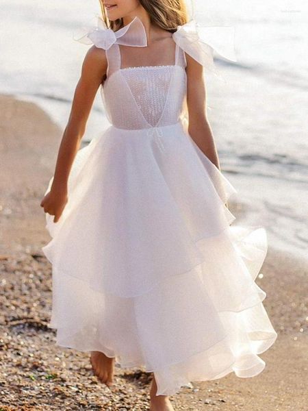 Vestidos de niña Vestido de flores de tul blanco brillante Boda Fiesta de cumpleaños Sin mangas Princesa Arco de encaje simple Vestidos de fiesta de noche de playa para niños