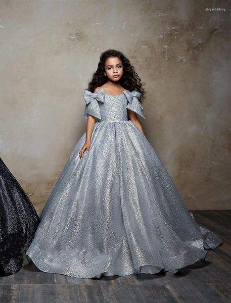 Robes de fille à paillettes argentées, sans épaule, robe de princesse à fleurs, robe de spectacle, de fête d'anniversaire, avec traîne longue