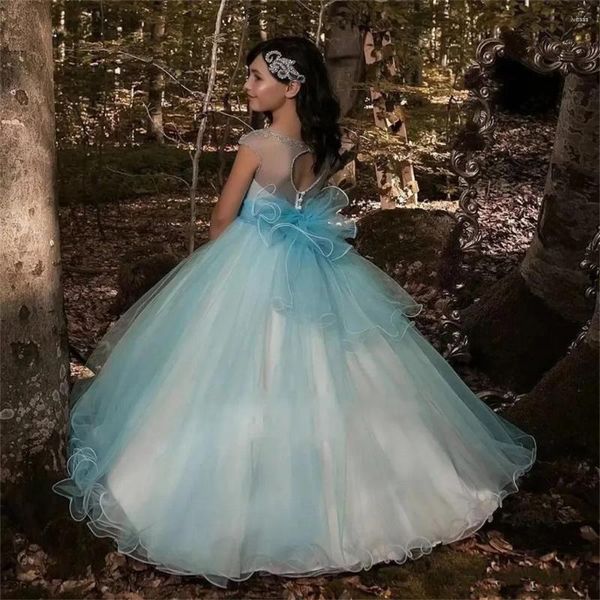 Vestidos de niña Flor simple Bodas de cumpleaños Cuello de joya Cuentas de tul Lazo grande Espalda Niños pequeños Bebé Primera comunión Vestidos personalizados