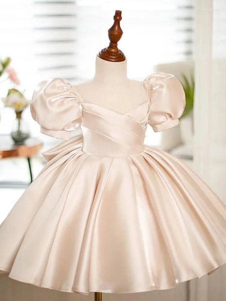 Robes de fille robe de fleur simple pour mariage satin à manches courtes avec grand arc soirée enfants fête d'anniversaire première robe de bal de communion