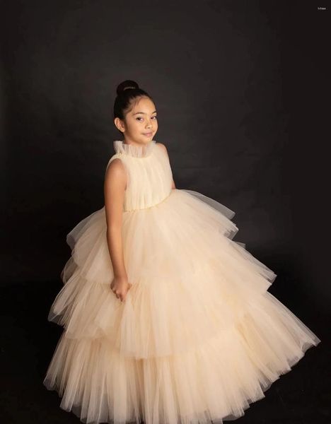 Vestidos de niña con flores simples para boda, tul hinchado en capas sin mangas, vestidos de baile para desfile, vestido de fiesta de cumpleaños