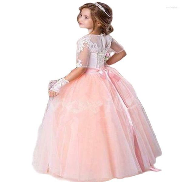 Fille Robes Simple Dentelle Fleur Applique Demi Manches Fluffy Tulle Princesse Pageant Anniversaire Sainte Première Communion Fête