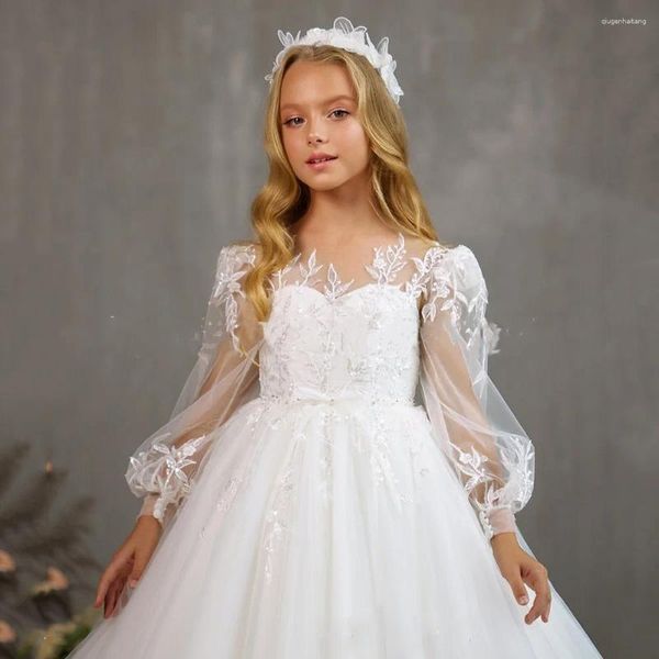 Robes simples à manches longues pour filles, robes de fête d'anniversaire en dentelle moelleuse en Tulle à fleurs pour personnaliser la célébration de première Communion