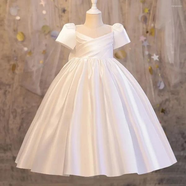 Robes de fille Simple O-cou à manches courtes fleur filles robe délicate pli a-ligne avec arc bébé robes de fête d'anniversaire pour le mariage sur mesure