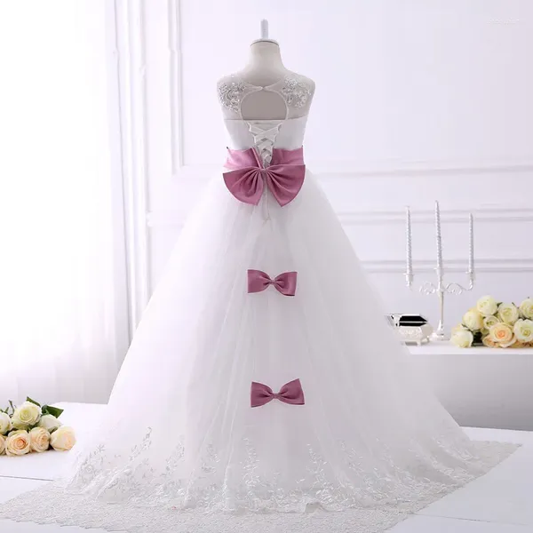 Robes de princesse simples à fleurs pour filles, pour mariage, en dentelle, en Tulle, avec nœud, robes de concours de beauté, bal de première Communion